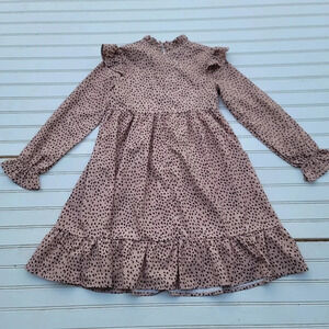 Arshiner Girls 140 Blush Pink Black Animal Print Leopard Ruffle Dress Long Sz 10